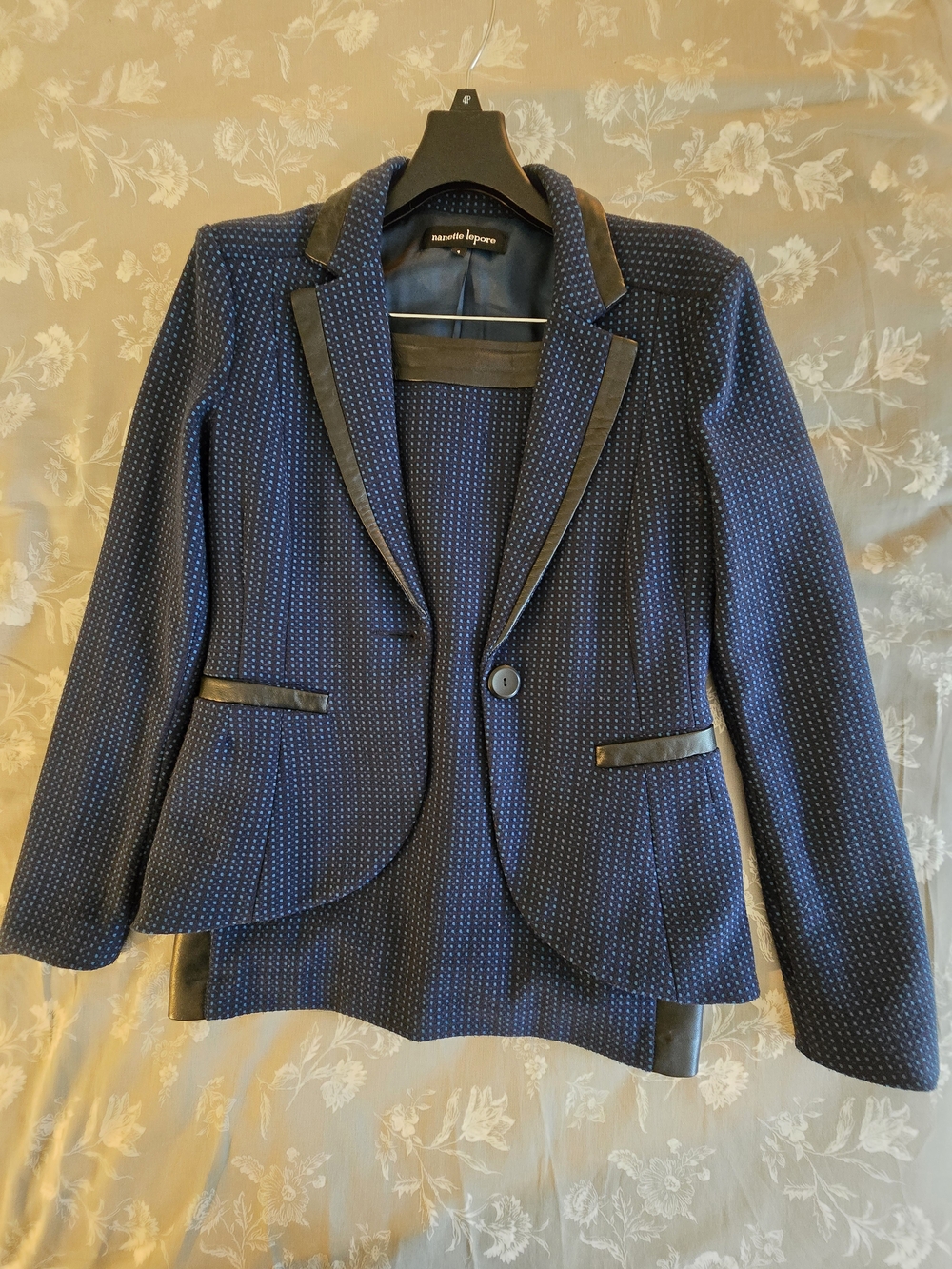 Nanette Lepore Navy Textured Blazer with Leather Trim